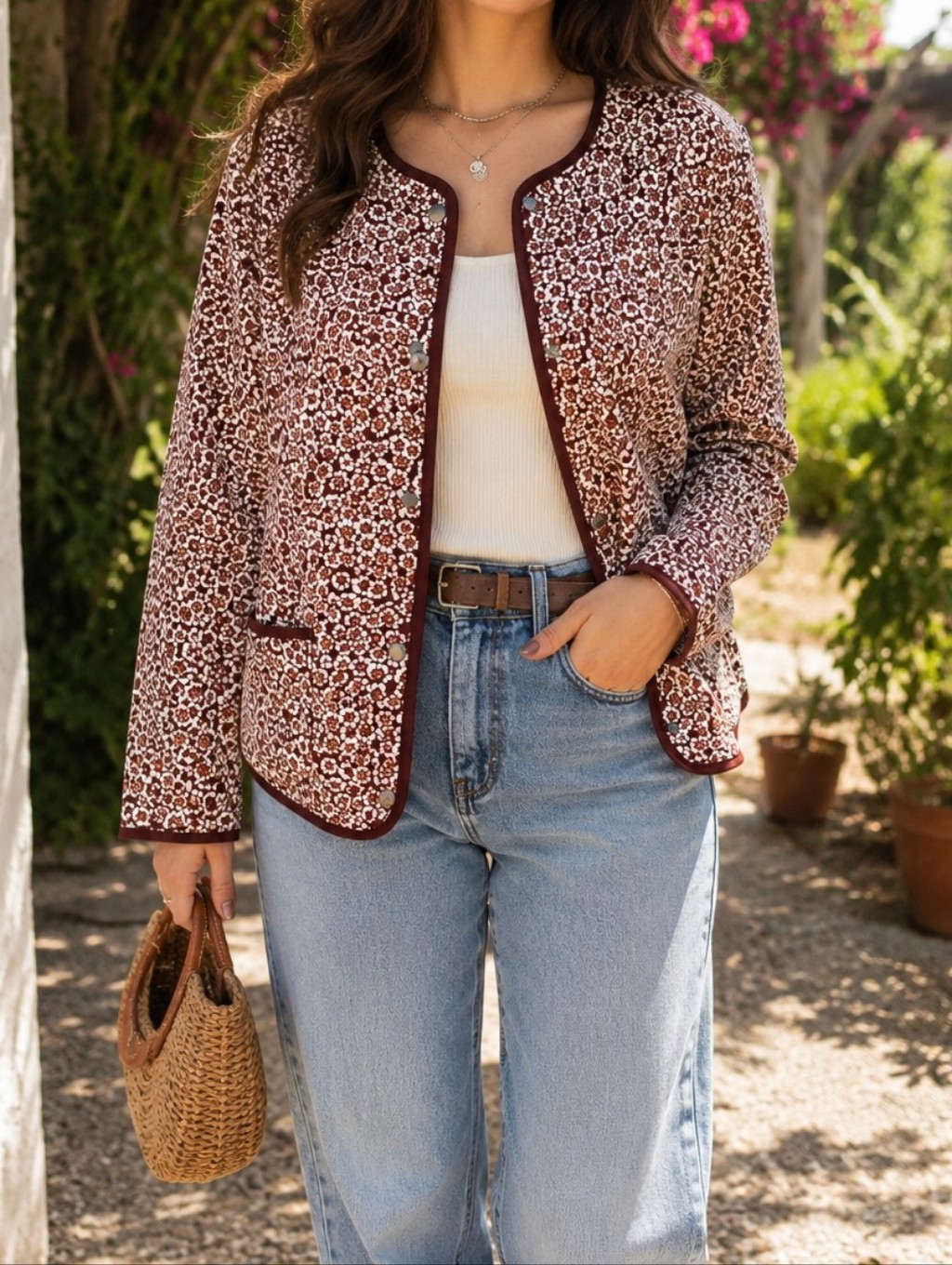 Nwt Tahari Rust Floral Quilted Utility Jacket Boho Cottagecore Snap Front
